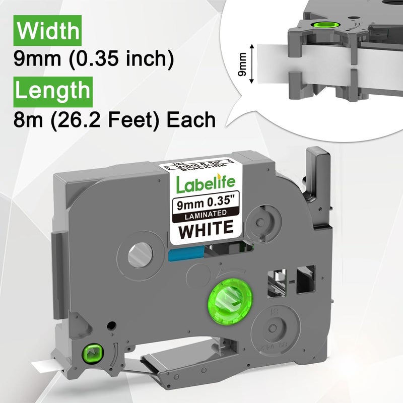 Labelife TZe-221 TZe221 Replacement for Brother P Touch Label Maker Tape 9mm TZe TZ Tape 9mm 0.35 Laminated White for Brother PT-D210 PT-D220 PT-D200 PT-H110 PT-D400 PT-D410, 3/8 Inch, 5-Pack - Image 5